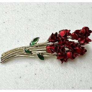 Vintage Brooch. Signed DMC 97. One Dozen Long‎ Stem Roses.  Goldtone